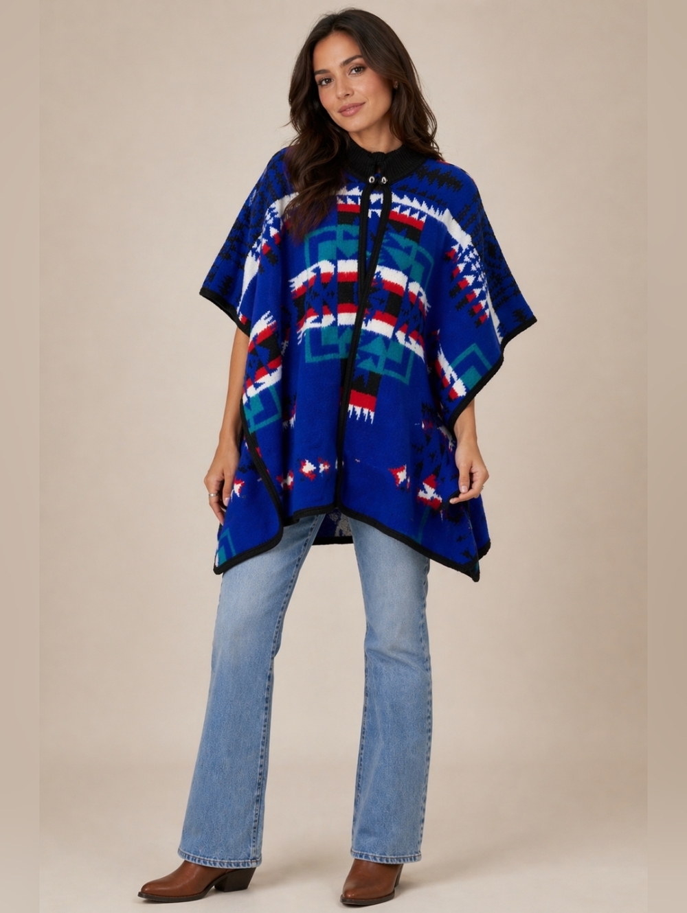 Inca Andes Acrylic Blend Poncho Cape Southwestern Blue Geometric Button Neck